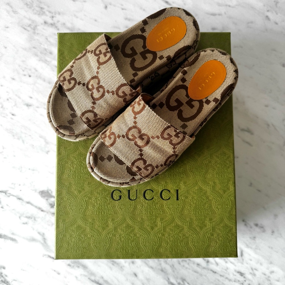 Gucci ‘Angelina’ Platform Slide Sandal Camel Ebony Macro GG Logo Jacquard Canvas